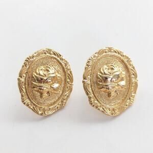 Vintage Gold Tone Cameo Style Rose Floral Cottagecore Romantic Post Earrings